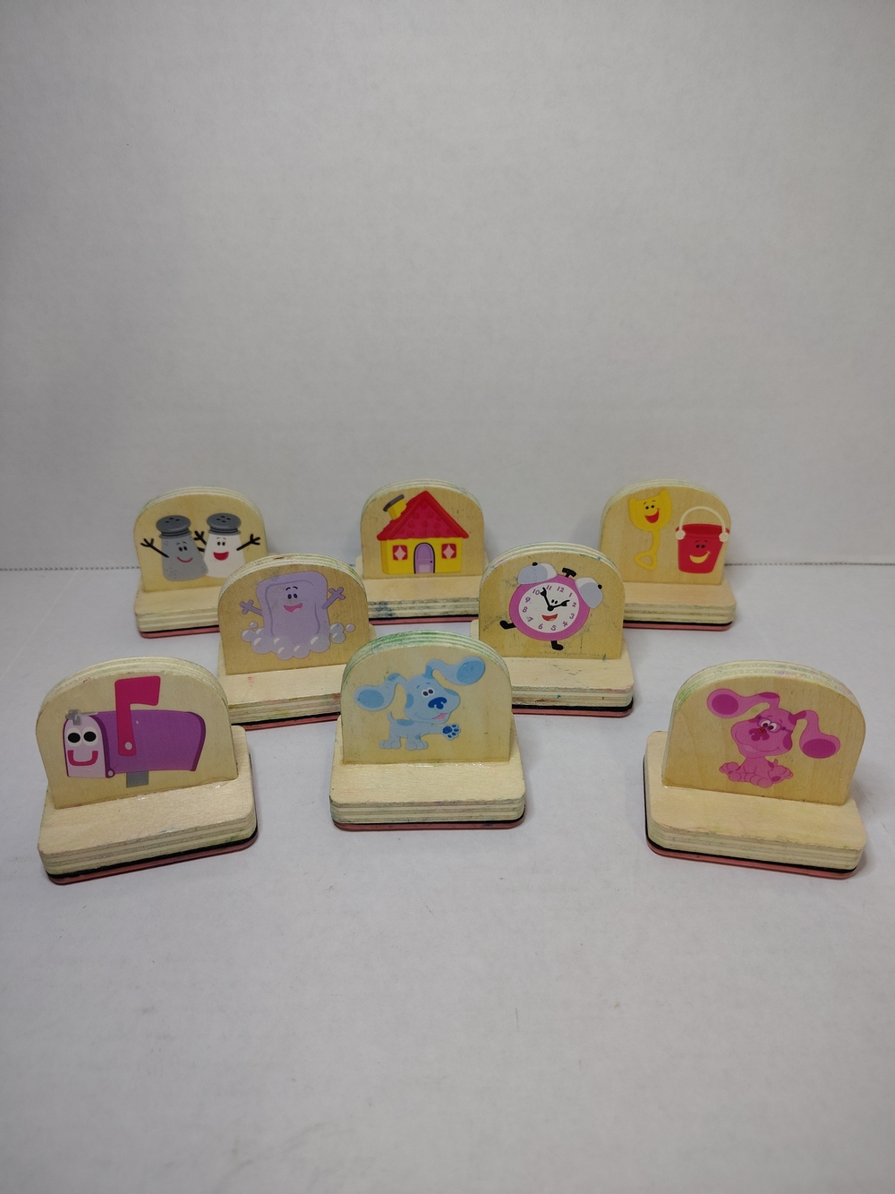 Blues Clues 8 Piece Wooden Ink Stamp Set Magenta, Mrs Salt & Mr Pepper, Mailbox